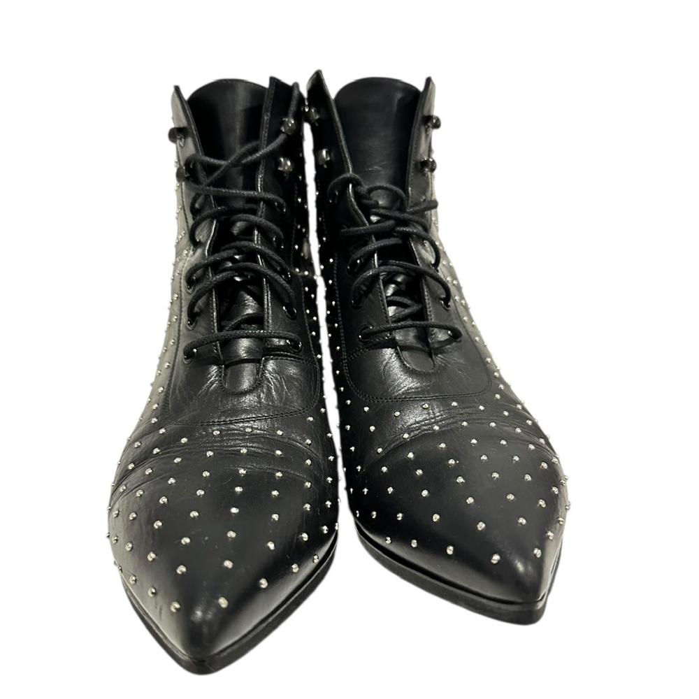 Genuine SAINT LAURENT Charlotte Lace up Black Leather Studded Booties 35 5